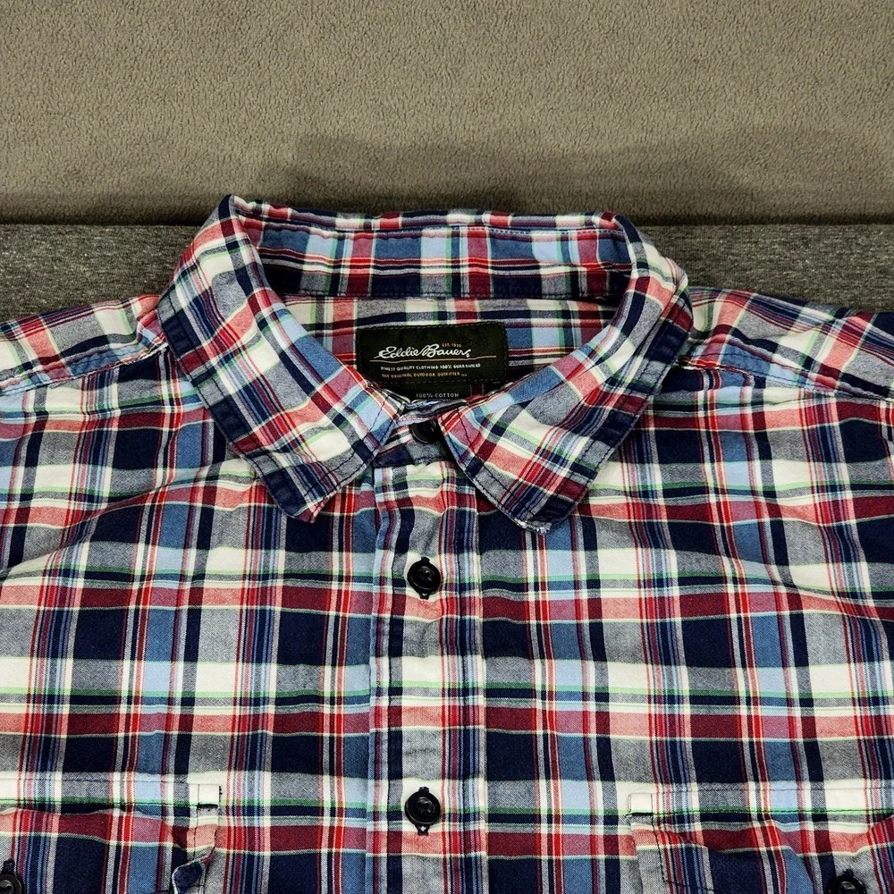 Eddie Bauer sz XL Men‎ Button Up Shirt Plaid Blue Red Green White Short Sleeve